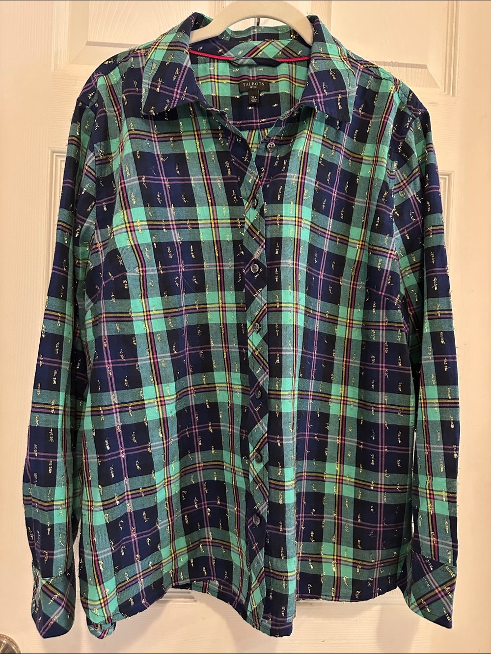 Talbots Teal and Purple Plaid Button-Down Shirt Gold Accents